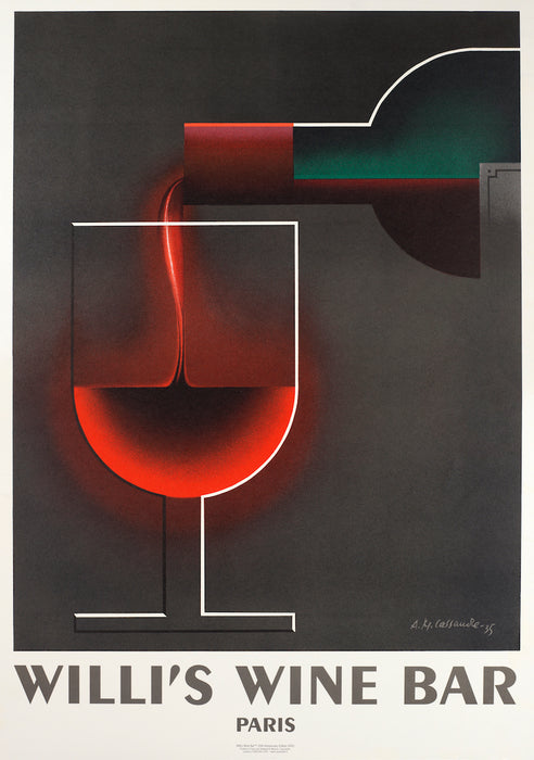 A M CASSANDRE 1983 - Rare 25th Anniversary Edition Willi's Wine Bar. Art Deco poster by iconic advertising artist in 1920s and 1930s Paris.